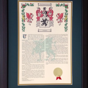 May include: A framed document with a gold seal and red ribbon, featuring the ancient arms of Pritchard. The document includes a detailed history of the Pritchard family name and its origins in Wales.
