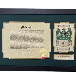 Coat of Arms & Family Name History with 12x20 Inch Dark Wood or Gold Frame and Green Matting - All Nationalities Available