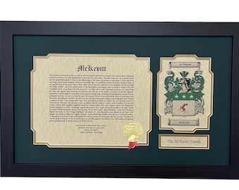 Coat of Arms & Family Name History with 12x20 Inch Dark Wood or Gold Frame and Green Matting - All Nationalities Available