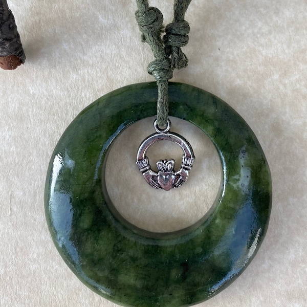 Connemara Marble Necklace - with Claddagh - Wishing Pendant