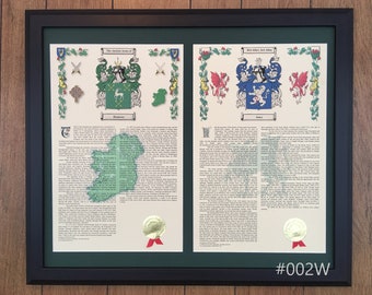 Dual Coat of Arms with surname histories framed 20" x 24"