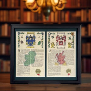 Dual Coat of Arms with surname histories framed in Walnut or Gold Frame 20&quot; x 24&quot;