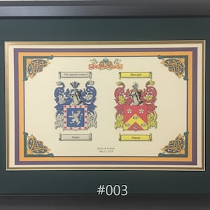 Wedding Coat of Arms, Double Crest Framed with Histories, Double Coat of Arms. Anniversary Coat of Arms