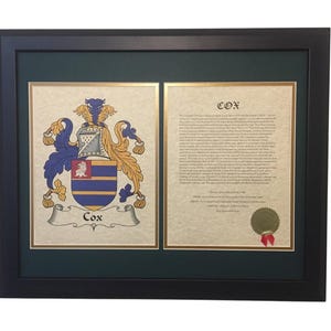 Coat of Arms & Family Name History with Green Matting in Dark Wood or Gold Frame 16x20 Inches - All Nationalities Available