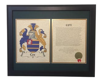 Coat of Arms & Family Name History with Green Matting in Dark Wood or Gold Frame 16x20 Inches - All Nationalities Available