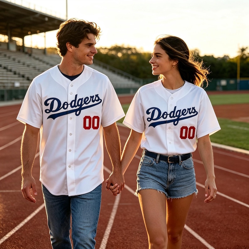 May include: Two white baseball jerseys featuring the blue script text Dodgers across the chest and the number 00 in red below. The jerseys have a button-down front, short sleeves, and a classic collar design, worn with blue denim jeans and shorts.
