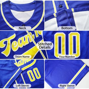 May include: A royal blue baseball jersey featuring white and yellow trim, a button-down front, and stitched details. The garment displays the text Team Name and the number 00 in yellow with white outlines on the front and back, with short sleeves.