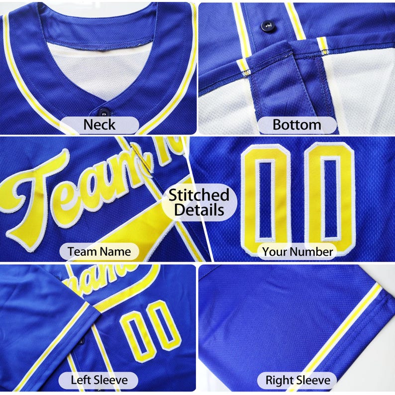 May include: A royal blue baseball jersey featuring white and yellow trim, a button-down front, and stitched details. The garment displays the text Team Name and the number 00 in yellow with white outlines on the front and back, with short sleeves.