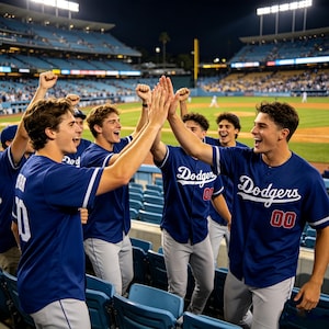 May include: A group of baseball players wearing blue jerseys with the word Dodgers printed in white script across the chest and red numbers on the front. The players are celebrating in a stadium with blue seats and a green field in the background.