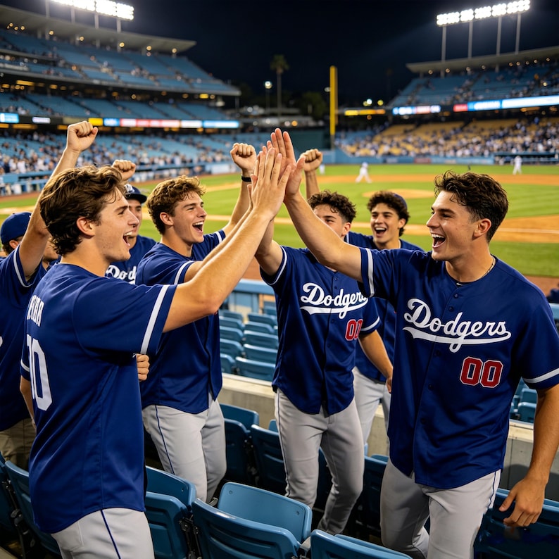 May include: A group of baseball players wearing blue jerseys with the word Dodgers printed in white script across the chest and red numbers on the front. The players are celebrating in a stadium with blue seats and a green field in the background.