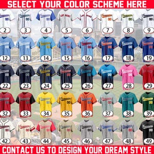 May include: A grid of fifty baseball jerseys in various color combinations, each numbered 1 through 50. The jerseys feature button-down fronts, short sleeves, and the text 'Teamname' or 'Dodgers' with the number '00'. Text reads 'SELECT YOUR COLOR SCHEME HERE' and 'CONTACT US TO DESIGN YOUR DREAM STYLE'.