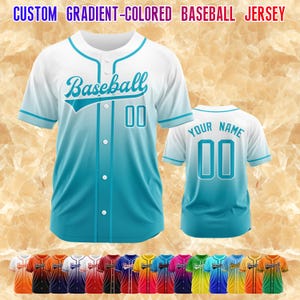May include: Custom gradient-colored baseball jersey in white and teal. The front features the word "Baseball" and the number "00". The back of the jersey displays "YOUR NAME" and the number "00". A variety of color options are shown at the bottom.
