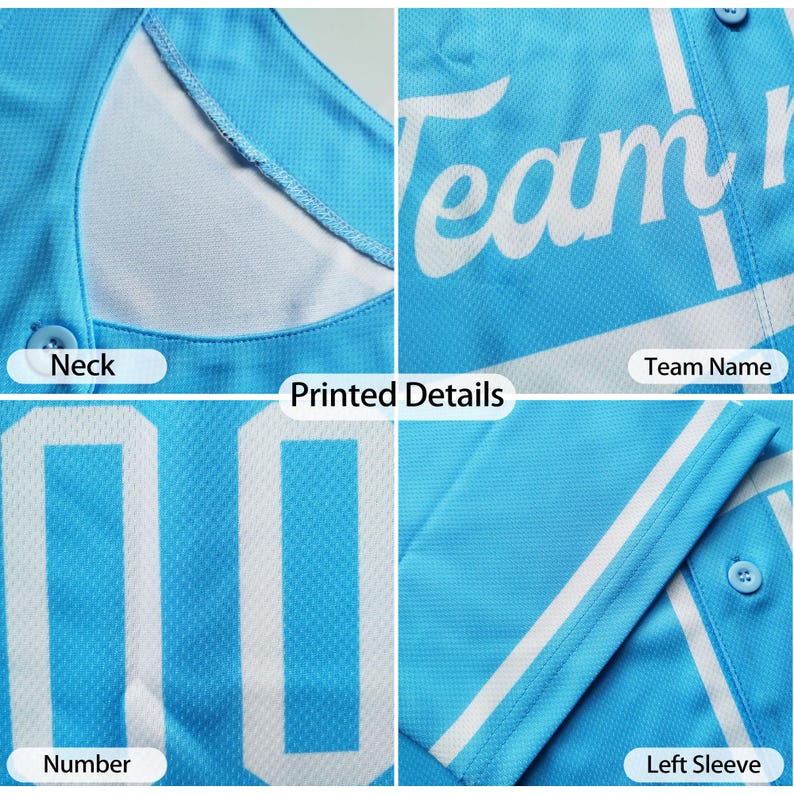 May include: A light blue baseball jersey featuring a white button-down placket, a white collar, and white trim on the sleeves. The fabric has a textured mesh pattern. Printed details include the text Team Name and the number 00 in white.