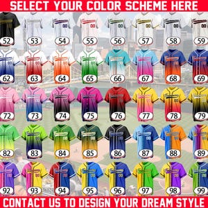 May include: A grid of fifty baseball jerseys in various color gradients and solid patterns, each numbered 51 through 100. The jerseys feature button-front closures, short sleeves, and the text Teamname with a two-digit number on the chest.