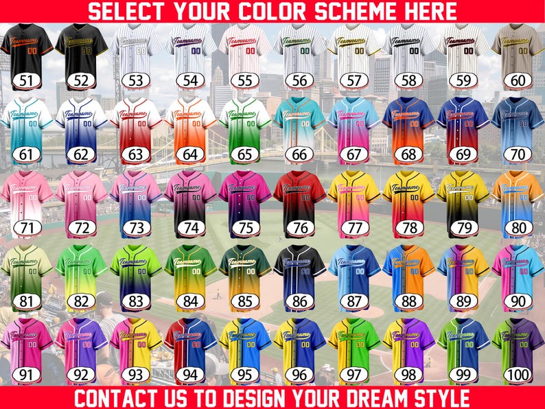 May include: A grid of fifty baseball jerseys in various color gradients and solid patterns, each numbered 51 through 100. The jerseys feature button-front closures, short sleeves, and the text Teamname with a two-digit number on the chest.