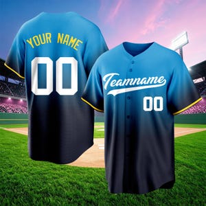 May include: A short-sleeved button-down baseball jersey featuring a blue-to-black gradient design with yellow sleeve trim. The front displays the text Teamname and the number 00, while the back shows the text YOUR NAME and the number 00.