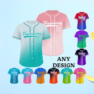 May include: Baseball jerseys in various colors, including pink, blue, and orange, with the text "Teamname" and the number "00". The jerseys have a button-up front and short sleeves. The phrase "ANY DESIGN" is also visible.