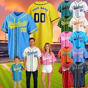 May include: A collection of baseball jerseys in various colors, including blue, yellow, pink, and red. Each jersey features the word "Baseball" and the number "00". Some jerseys have vertical stripes. A family is shown wearing the jerseys.