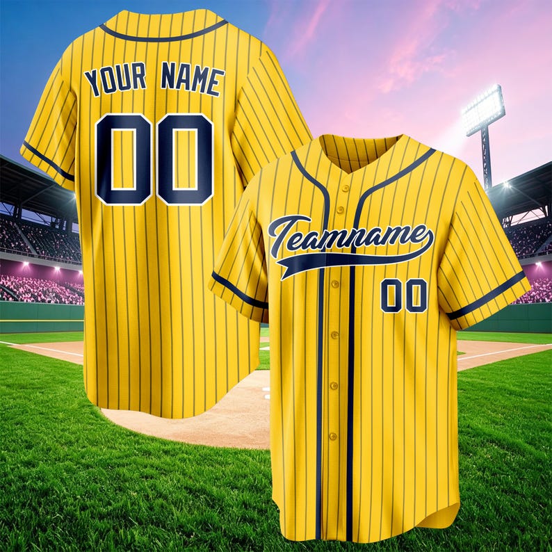 May include: A yellow baseball jersey with dark blue pinstripes and trim. The front features the text Teamname and the number 00. The back displays the text YOUR NAME and the number 00 in dark blue. The jersey has a button-down front closure.