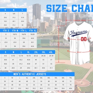 May include: A white baseball jersey with blue script text reading Anyname and red numbers 00 on the chest. The image includes a size chart for preschool, boys, women, and men, with measurements in inches for chest, length, hips, and waist.