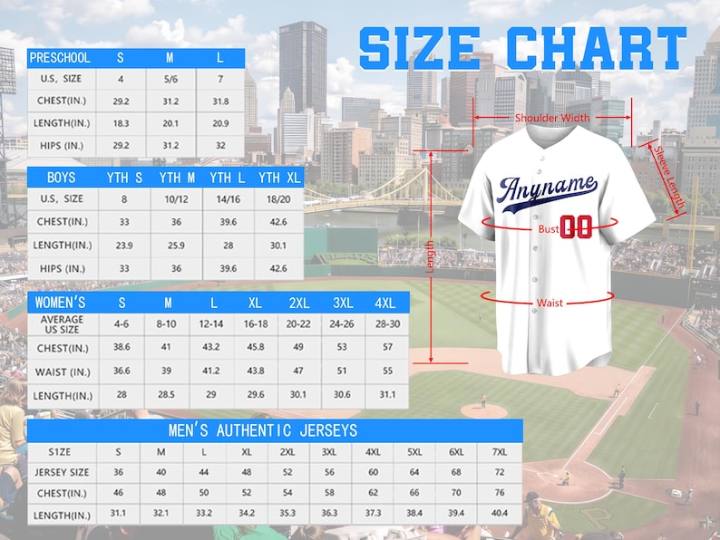 May include: A white baseball jersey with blue script text reading Anyname and red numbers 00 on the chest. The image includes a size chart for preschool, boys, women, and men, with measurements in inches for chest, length, hips, and waist.