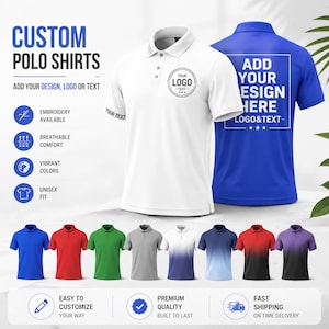 Könnte beinhalten: Ein weißes Poloshirt mit einem Logo auf der Brust und Text am Ärmel, neben einem blauen Poloshirt mit einer quadratischen Grafik und dem Text ADD YOUR DESIGN HERE LOGO&TEXT. Darunter befinden sich acht weitere Poloshirts in verschiedenen Farben.