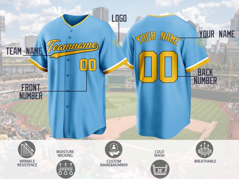 May include: A light blue baseball jersey with yellow and white trim, featuring the text Teamname and the number 00 on the front, and Your Name with the number 00 on the back. The jersey includes icons for moisture wicking and cold wash.