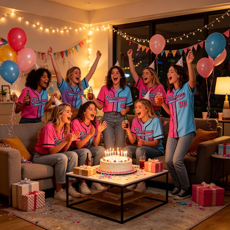 May include: A group of people wearing matching pink and light blue button-down baseball jerseys with the text Teamname and the number 00 printed on the front, celebrating around a lit birthday cake on a table with gift boxes and balloons.