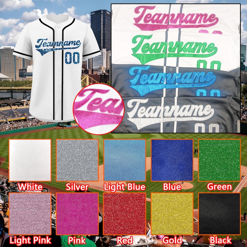 May include: A white baseball jersey with black trim, featuring the text Teamname and the number 00 in blue glitter. The image displays various color options for the text and numbers, including pink, green, blue, and white glitter finishes.