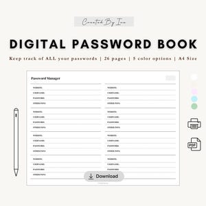 Digital Password Manager | Password Tracker | Printable Password Organizer | Goodnotes & Notability Password Tracker | A4 PDF Download