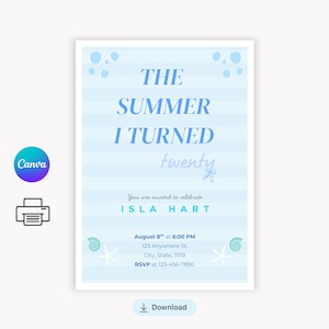 The Summer I Turned Pretty Birthday Invite | Editable Canva Template | Beach Party, Teen Girl, Summer Pool Party Invite | Instant Download
