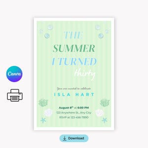 The Summer I Turned Pretty Birthday Invite | Editable Canva Template | Beach Party, Coastal, Summer Pool Party Invite | Instant Download