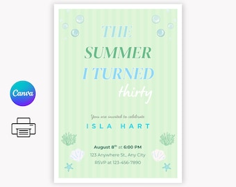 Invitación de cumpleaños "El verano en que me volví hermosa" / Plantilla editable de Canva / Fiesta en la playa, costera, fiesta de verano en la piscina / Descarga instantánea