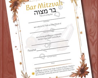 May include: A Bar Mitzvah certificate with gold and brown floral accents. The certificate includes text in English and Hebrew, with lines for the recipient's name, date, and signature. The certificate is on a white background.