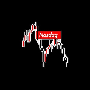 Puede incluir: Un gráfico de velas rojo y negro con la palabra "Nasdaq" en un cuadro rojo con contorno blanco.