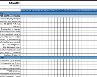 May include: A monthly calendar grid with a blue header and blue rows. The calendar is labelled "Month:" and "DAILY". The grid is divided into 31 columns, representing the days of the month. The first row lists the numbers 1 through 31. The second row is labelled "Clinical Morning Meeting" and lists tasks for each day of the month. The third row is labelled "Rounds" and lists tasks for each day of the month.