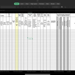 Könnte beinhalten: Ein Screenshot eines Tablets mit einer digitalen Tabelle namens "Falls Tracker". Die Tabelle ist ein "Monatliches Sturzverfolgungsformular" mit Spalten für Bewohnerinformationen, Sturzdetails und Komponenten zur Nachsturzbewertung. Die Oberfläche enthält Menüoptionen wie Home, Insert und Data.