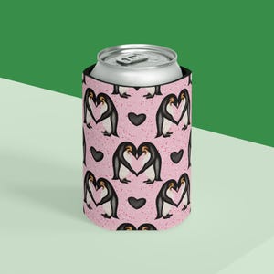 Hand Drawn Penguin Love Can Cooler | Cozy Valentines Drink Sleeve | Cute Penguin Heart Beverage Holder