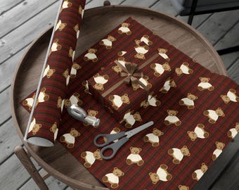 Hand Drawn Red Tartan Teddy Bear Christmas Wrapping Paper | Classic Cozy Holiday Gift Wrap | Festive Luxury Plaid Paper