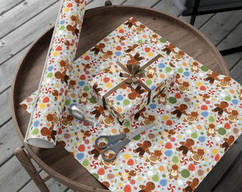 Handgetekende peperkoek familie kerstcadeaupapier | Gezellige cadeauverpakking voor koekje voor de feestdagen | Lief vintage kerstpapier