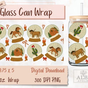 May include: A glass can wrap featuring a repeating pattern of snow globes with western-themed elements. Each globe contains a horse, bull, cactus, or barn. The words "Glass Can Wrap" and "Digital Download" are also visible.