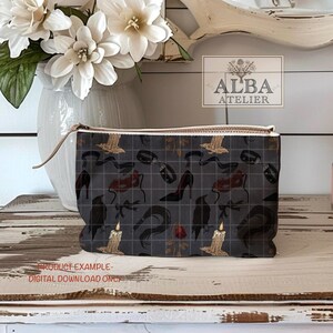 Puede incluir: Una bolsa rectangular con cremallera con un fondo gris oscuro y un patr&oacute;n repetido de velas, tacones altos y otras ilustraciones de tem&aacute;tica fetiche. El texto "PRODUCT EXAMPLE - DIGITAL DOWNLOAD ONLY" est&aacute; en la parte inferior.