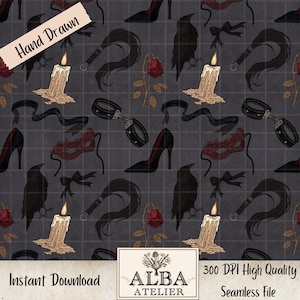 Könnte beinhalten: Nahtloses Muster mit handgezeichneten Illustrationen von High Heels, Kerzen, Krähen, Peitschen, Handschellen, Rosen und Masken. Das Design ist in Schwarz, Rot und Beige auf einem grauen Gitterhintergrund gehalten. Der Text "Hand Drawn" und "Instant Download" sind sichtbar.