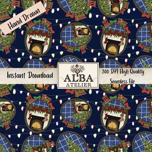 May include: Seamless Christmas-themed digital paper with a navy blue background. The pattern features oval frames with a fireplace, Christmas tree, and stockings. The design includes string lights and the text "Hand Drawn", "Instant Download", and "300 DPI High Quality Seamless File".