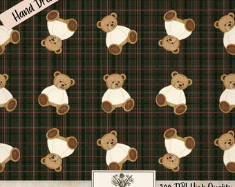 Elegant Teddy Bear Green Tartan Christmas Hand Drawn Seamless Pattern PNG 300 DPI Digital Download Holiday Vintage Christmas Plaid Christmas