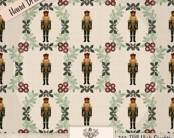 Vintage Nutcracker Soldier with Holiday Wreath Hand Drawn Seamless File 300 DPI PNG Nutcracker PNG Nutcracker Decor Pine Holly Holiday Decor