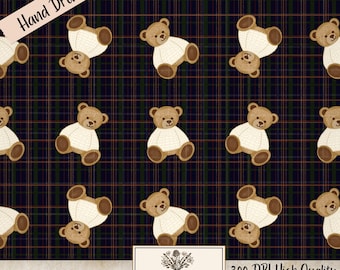 Puede incluir: Patrón sin costuras con ilustraciones repetidas de osos de peluche sobre un fondo a cuadros. Los osos son de color marrón y crema, con un diseño clásico. El fondo es un estampado a cuadros oscuro con líneas verdes y rojas. Las palabras "Hand Drawn" e "Instant Download" son visibles.