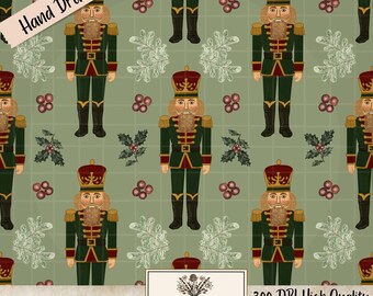 Regal Christmas Nutcracker Soldier Hand Drawn Seamless File 300 DPI PNG Nutcracker PNG Nutcracker Decor Vintage Christmas Pine Holly