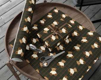 Hand Drawn Green Tartan Teddy Bear Christmas Wrapping Paper | Classic Cozy Holiday Gift Wrap | Festive Luxury Plaid Paper