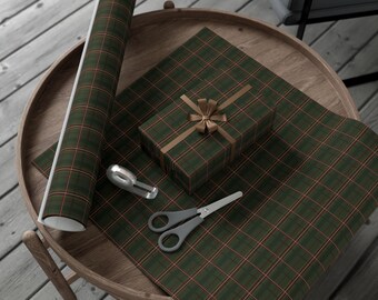 Handgetekende groene tartan geruite kerstcadeaupapier | Klassieke, gezellige cadeauverpakking voor de feestdagen | Feestelijk luxe geruit papier